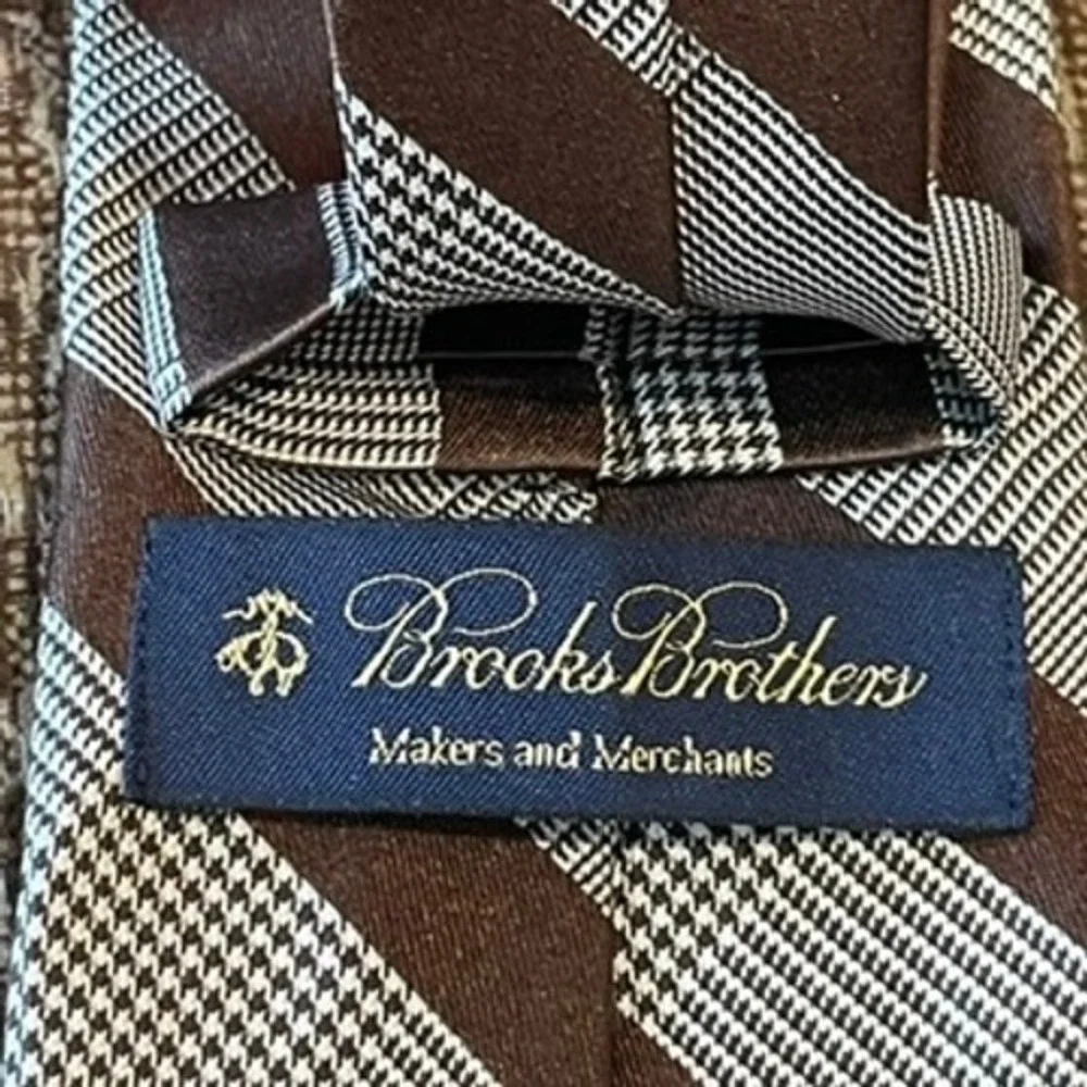 Brooks Brothers Necktie Brown White Repp Preppy Heritage Plaid Striped Silk Tie